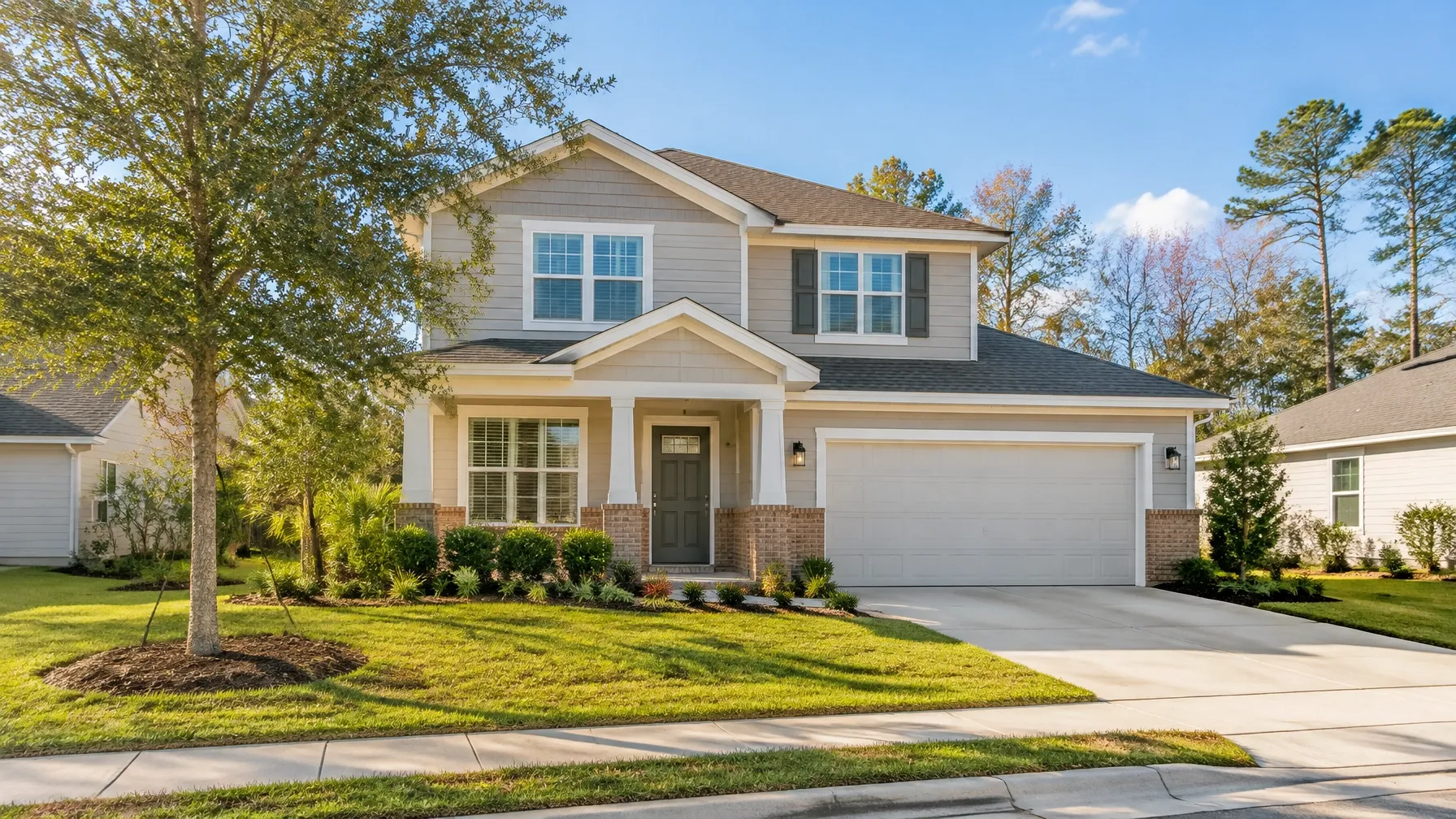 Illustrative image of a newly built suburban home with a front porch and landscaped yard