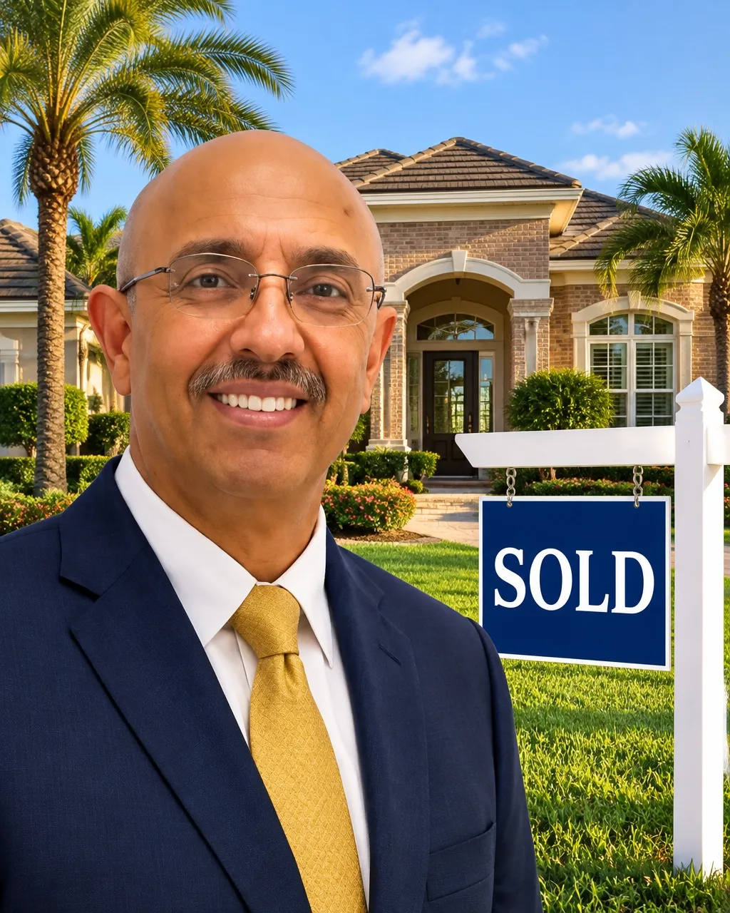 Leo Hanania smiling in a navy suit and gold tie in front of a Jacksonville home